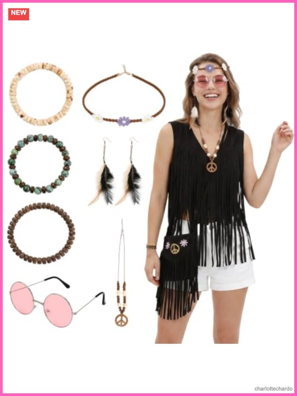 Hippie Costume Accessory Set 9 Piece Fringe Faux Suede 70s Boho Adult